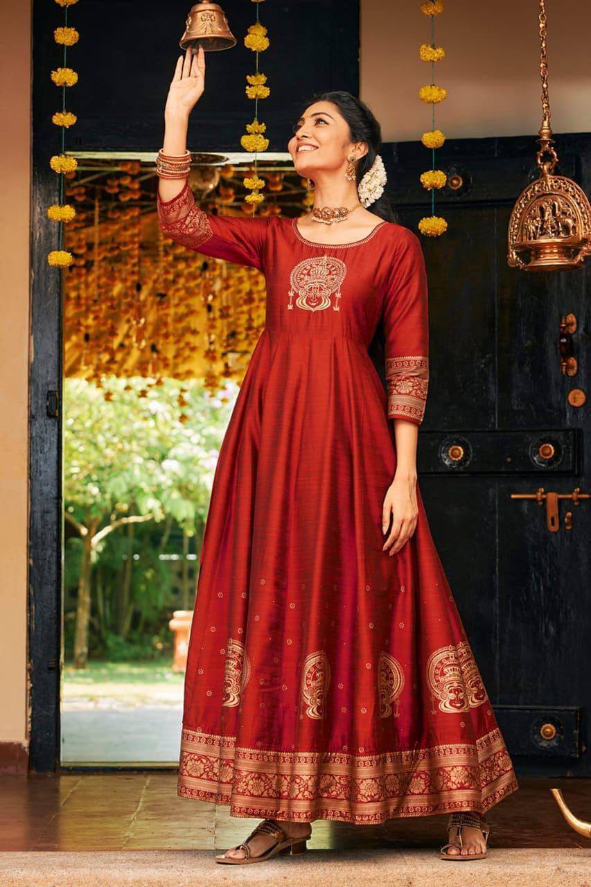 Exclusive Joy Silk Gown – Embroidery & Foil Print Traditional Wear