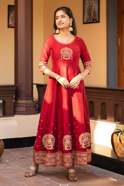 Exclusive Joy Silk Gown – Embroidery & Foil Print Traditional Wear