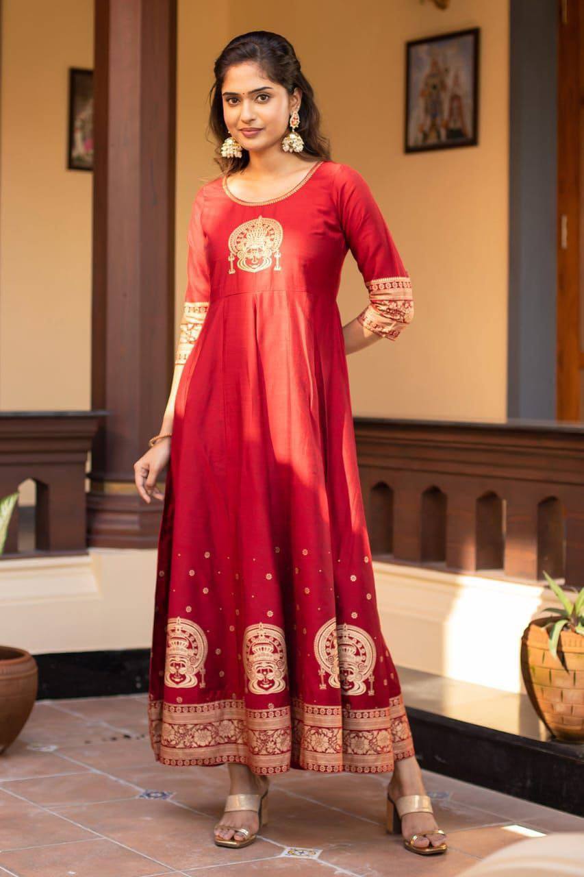 Exclusive Joy Silk Gown – Embroidery & Foil Print Traditional Wear