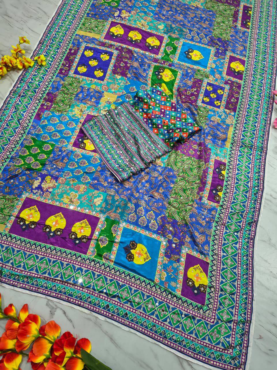 Premium Chinon Silk Saree with Real Mirror Work & Printed Blouse