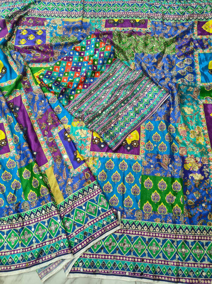 Premium Chinon Silk Saree with Real Mirror Work & Printed Blouse