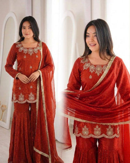 Premium Fendy Silk Top, Sharara Plazzo & Dupatta – Sequins Embroidery