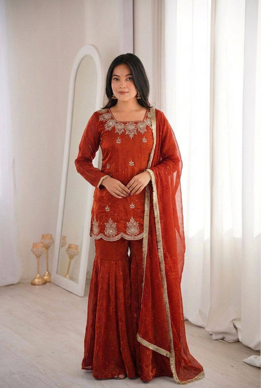 Premium Fendy Silk Top, Sharara Plazzo & Dupatta – Sequins Embroidery