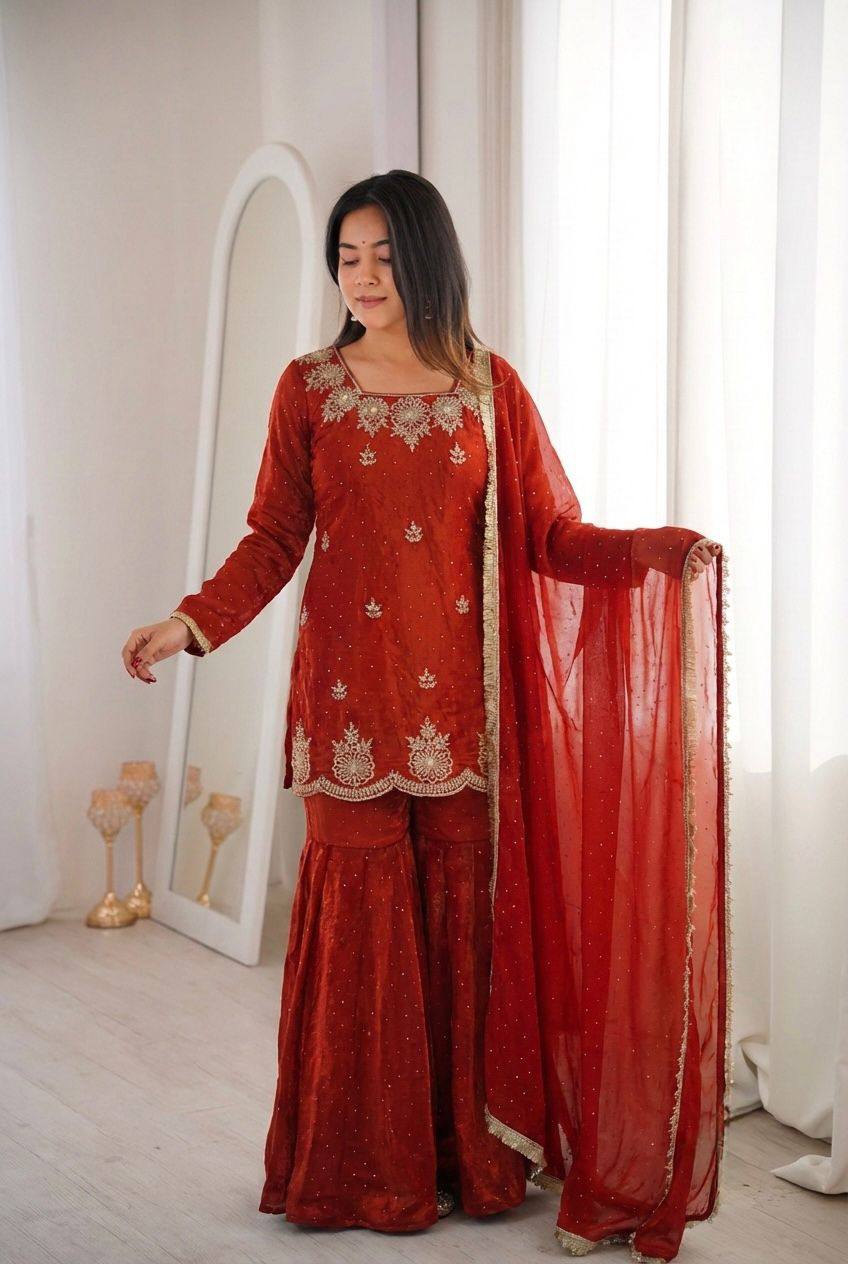 Premium Fendy Silk Top, Sharara Plazzo & Dupatta – Sequins Embroidery
