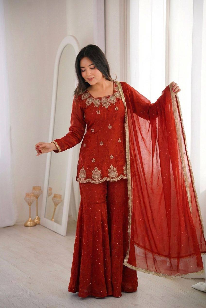 Premium Fendy Silk Top, Sharara Plazzo & Dupatta – Sequins Embroidery