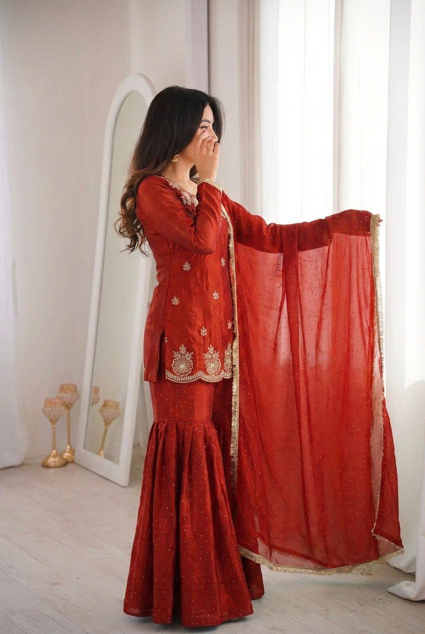 Premium Fendy Silk Top, Sharara Plazzo & Dupatta – Sequins Embroidery