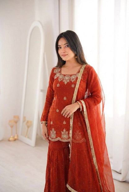 Premium Fendy Silk Top, Sharara Plazzo & Dupatta – Sequins Embroidery