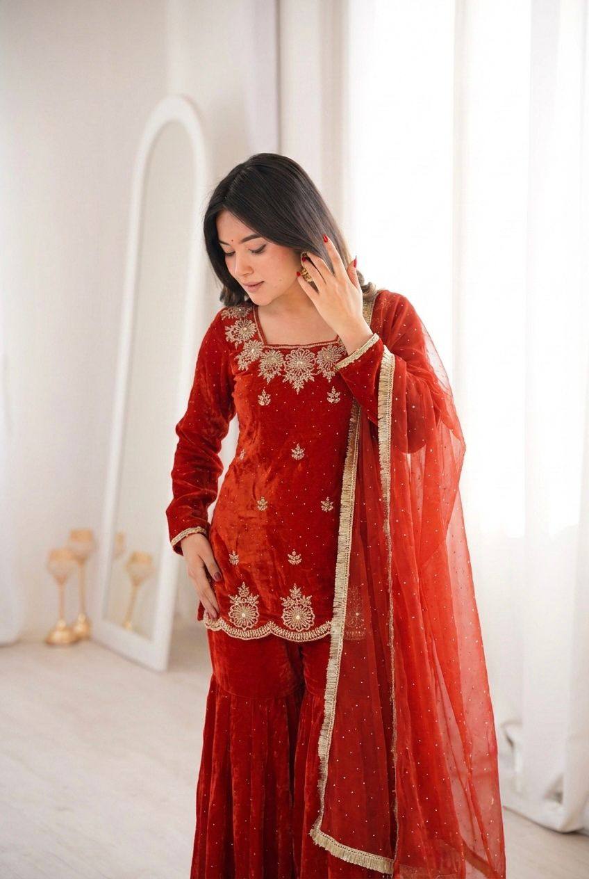 Premium Fendy Silk Top, Sharara Plazzo & Dupatta – Sequins Embroidery