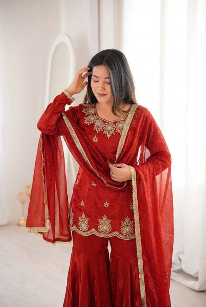 Premium Fendy Silk Top, Sharara Plazzo & Dupatta – Sequins Embroidery