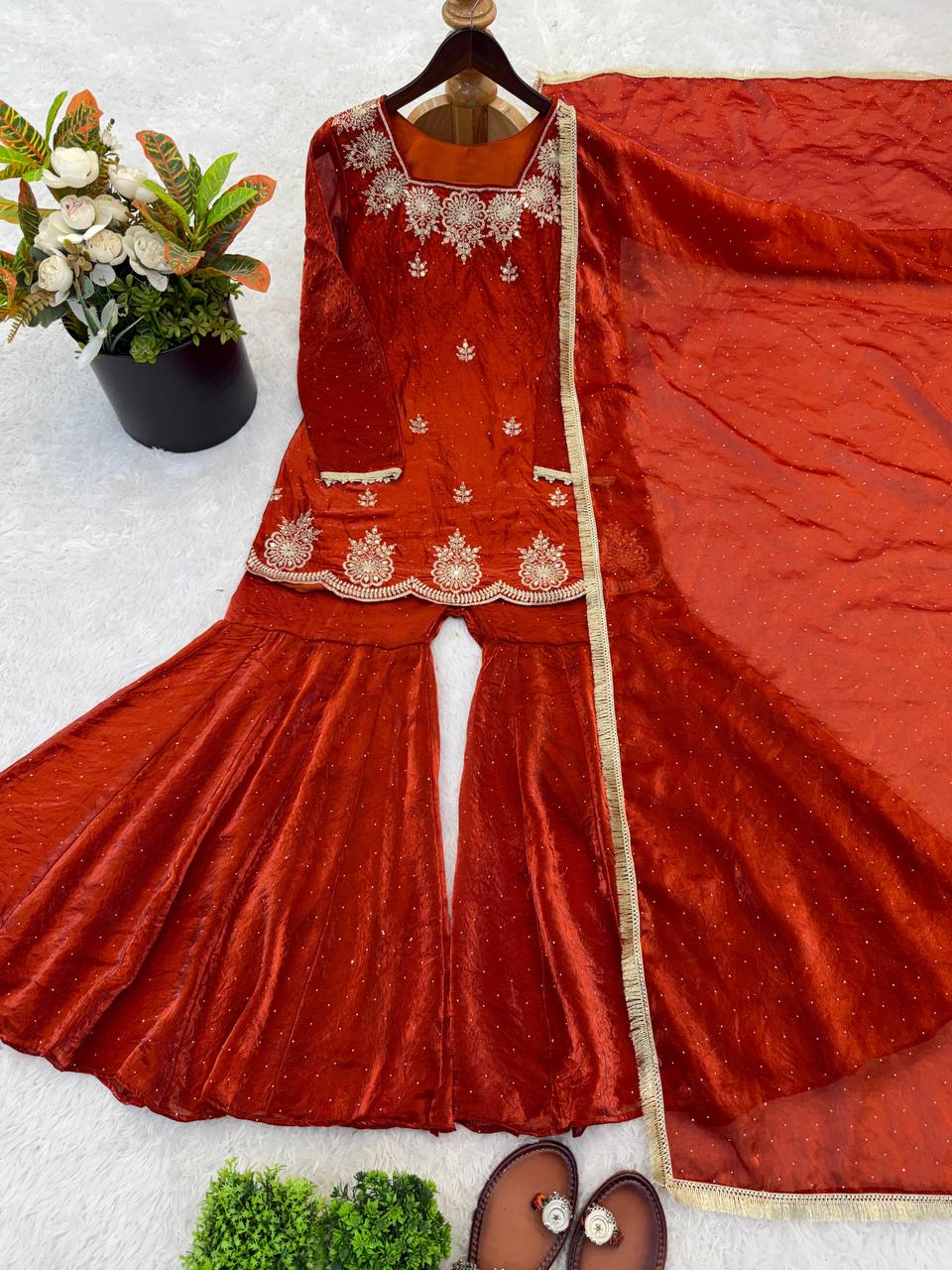 Premium Fendy Silk Top, Sharara Plazzo & Dupatta – Sequins Embroidery