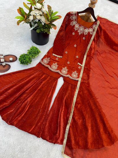 Premium Fendy Silk Top, Sharara Plazzo & Dupatta – Sequins Embroidery