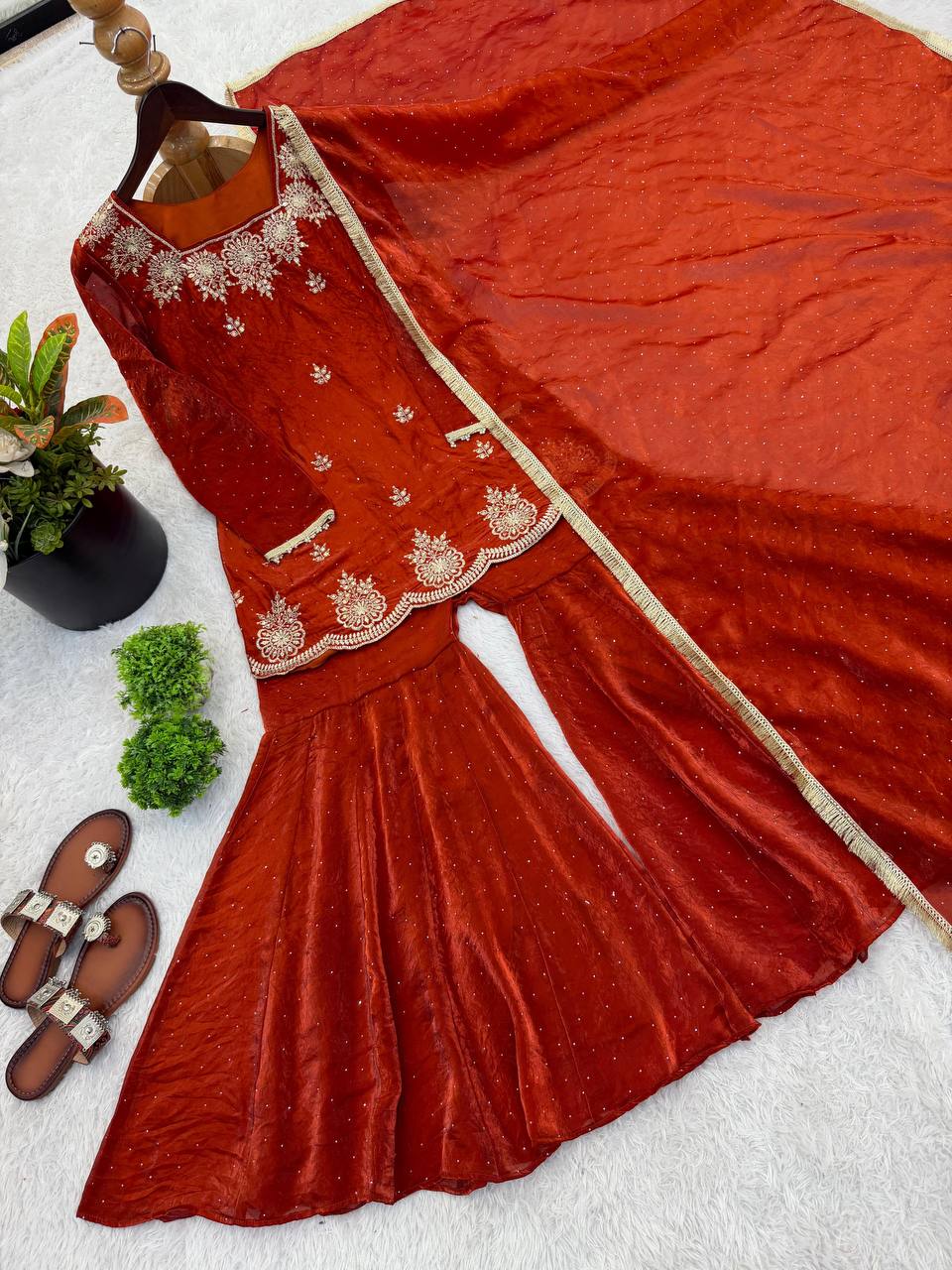 Premium Fendy Silk Top, Sharara Plazzo & Dupatta – Sequins Embroidery