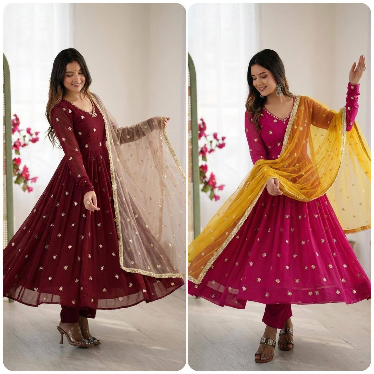Premium Faux Georgette Embroidered Gown, Pant & Dupatta