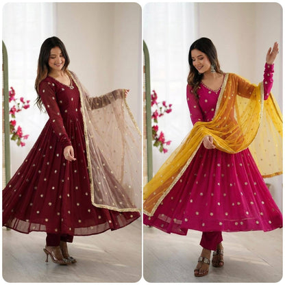 Premium Faux Georgette Embroidered Gown, Pant & Dupatta