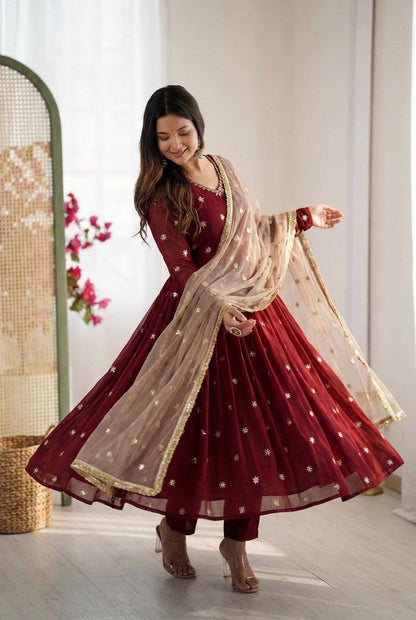 Premium Faux Georgette Embroidered Gown, Pant & Dupatta