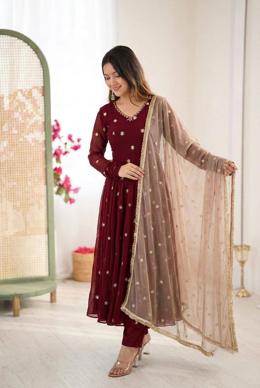 Premium Faux Georgette Embroidered Gown, Pant & Dupatta