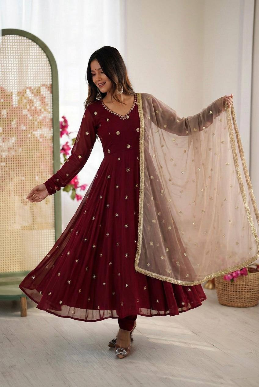 Premium Faux Georgette Embroidered Gown, Pant & Dupatta