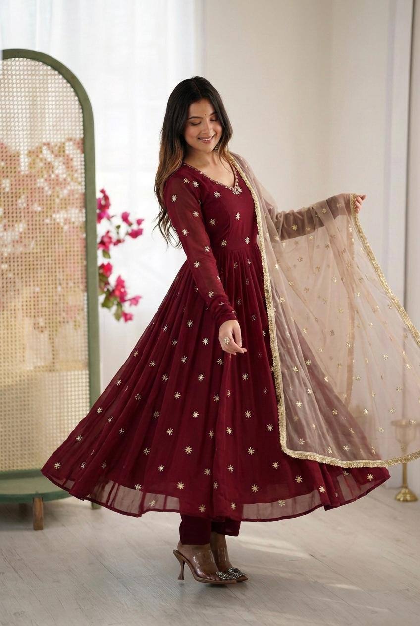 Premium Faux Georgette Embroidered Gown, Pant & Dupatta