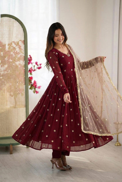 Premium Faux Georgette Embroidered Gown, Pant & Dupatta