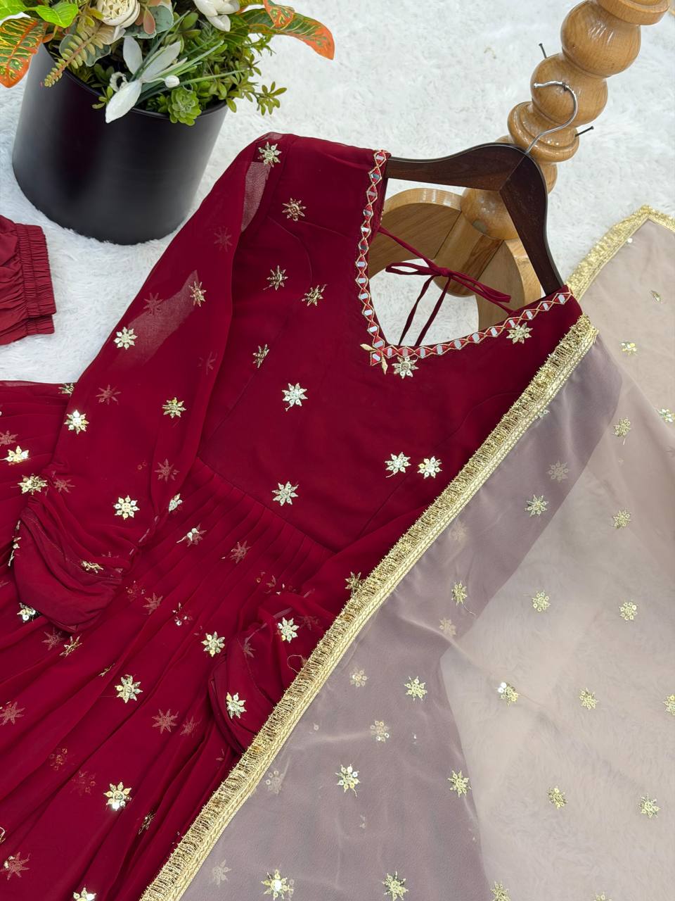 Premium Faux Georgette Embroidered Gown, Pant & Dupatta