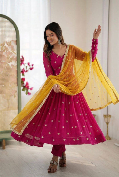 Premium Faux Georgette Embroidered Gown, Pant & Dupatta