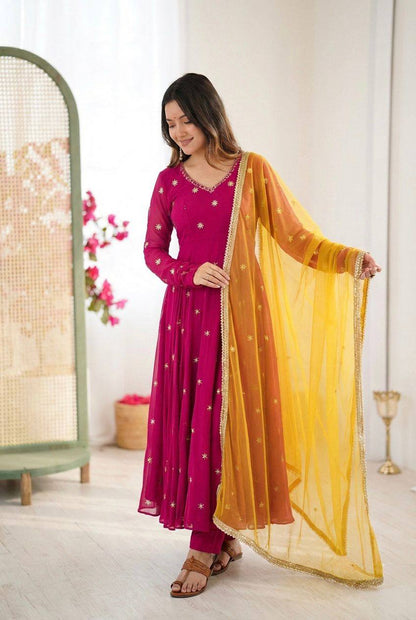 Premium Faux Georgette Embroidered Gown, Pant & Dupatta