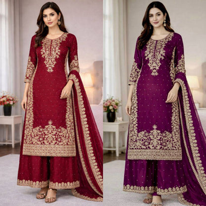 Premium GMY Silk Top, Plazzo & Dupatta – Heavy Coding Sequins & Moti Embroidery