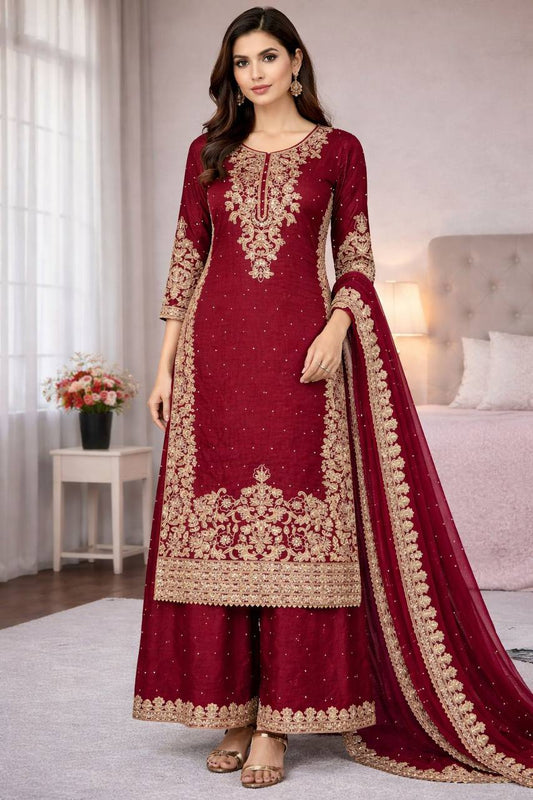 Premium GMY Silk Top, Plazzo & Dupatta – Heavy Coding Sequins & Moti Embroidery
