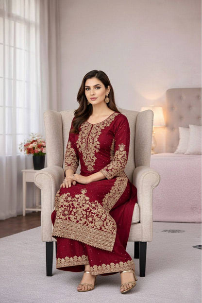 Premium GMY Silk Top, Plazzo & Dupatta – Heavy Coding Sequins & Moti Embroidery