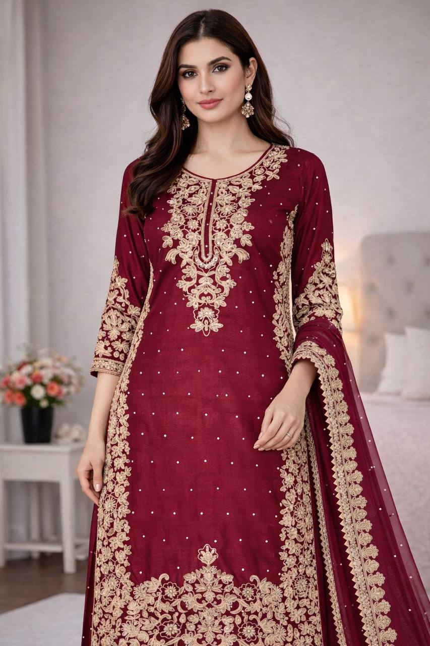 Premium GMY Silk Top, Plazzo & Dupatta – Heavy Coding Sequins & Moti Embroidery