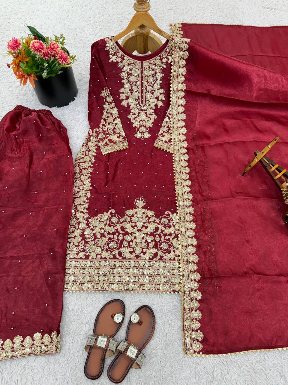 Premium GMY Silk Top, Plazzo & Dupatta – Heavy Coding Sequins & Moti Embroidery