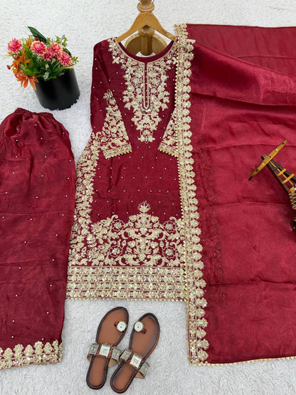 Premium GMY Silk Top, Plazzo & Dupatta – Heavy Coding Sequins & Moti Embroidery