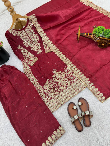 Premium GMY Silk Top, Plazzo & Dupatta – Heavy Coding Sequins & Moti Embroidery