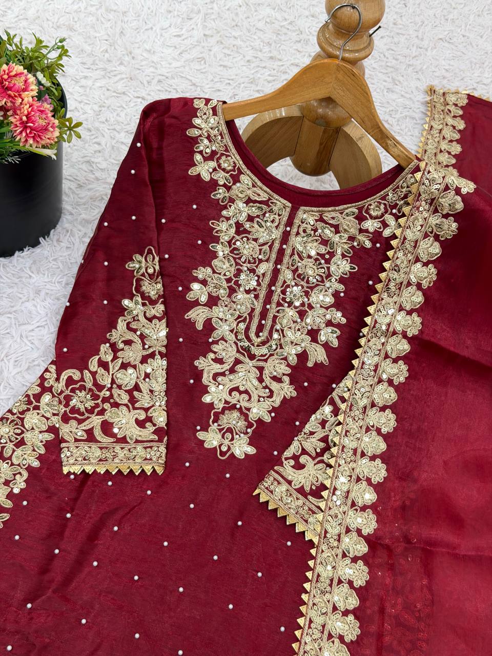 Premium GMY Silk Top, Plazzo & Dupatta – Heavy Coding Sequins & Moti Embroidery