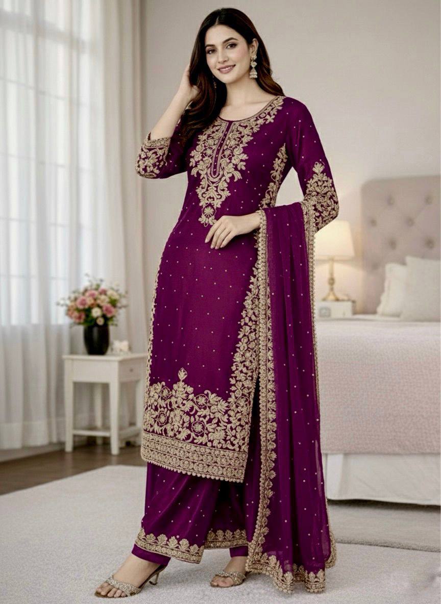 Premium GMY Silk Top, Plazzo & Dupatta – Heavy Coding Sequins & Moti Embroidery