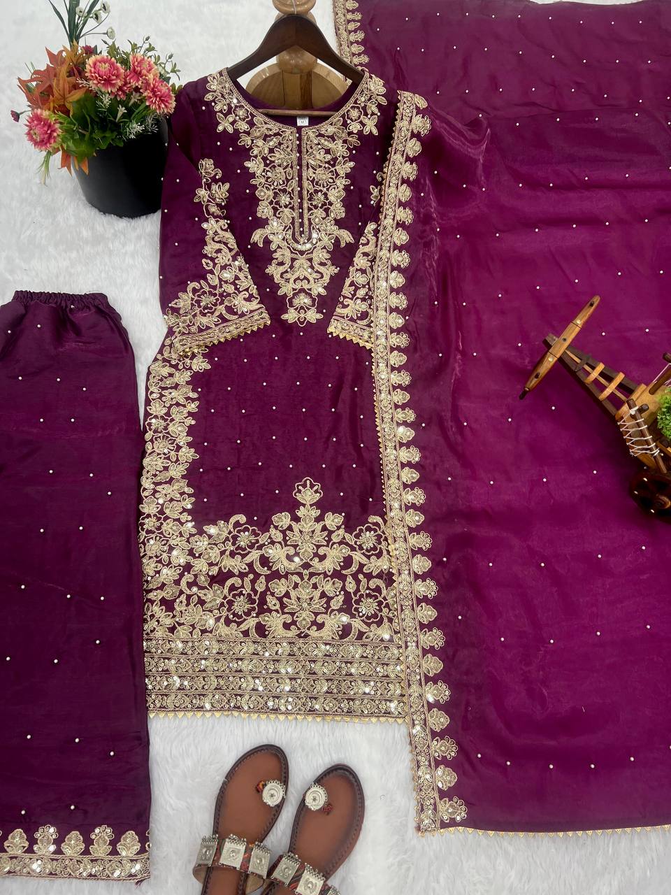 Premium GMY Silk Top, Plazzo & Dupatta – Heavy Coding Sequins & Moti Embroidery