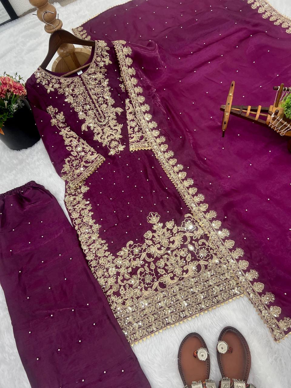 Premium GMY Silk Top, Plazzo & Dupatta – Heavy Coding Sequins & Moti Embroidery