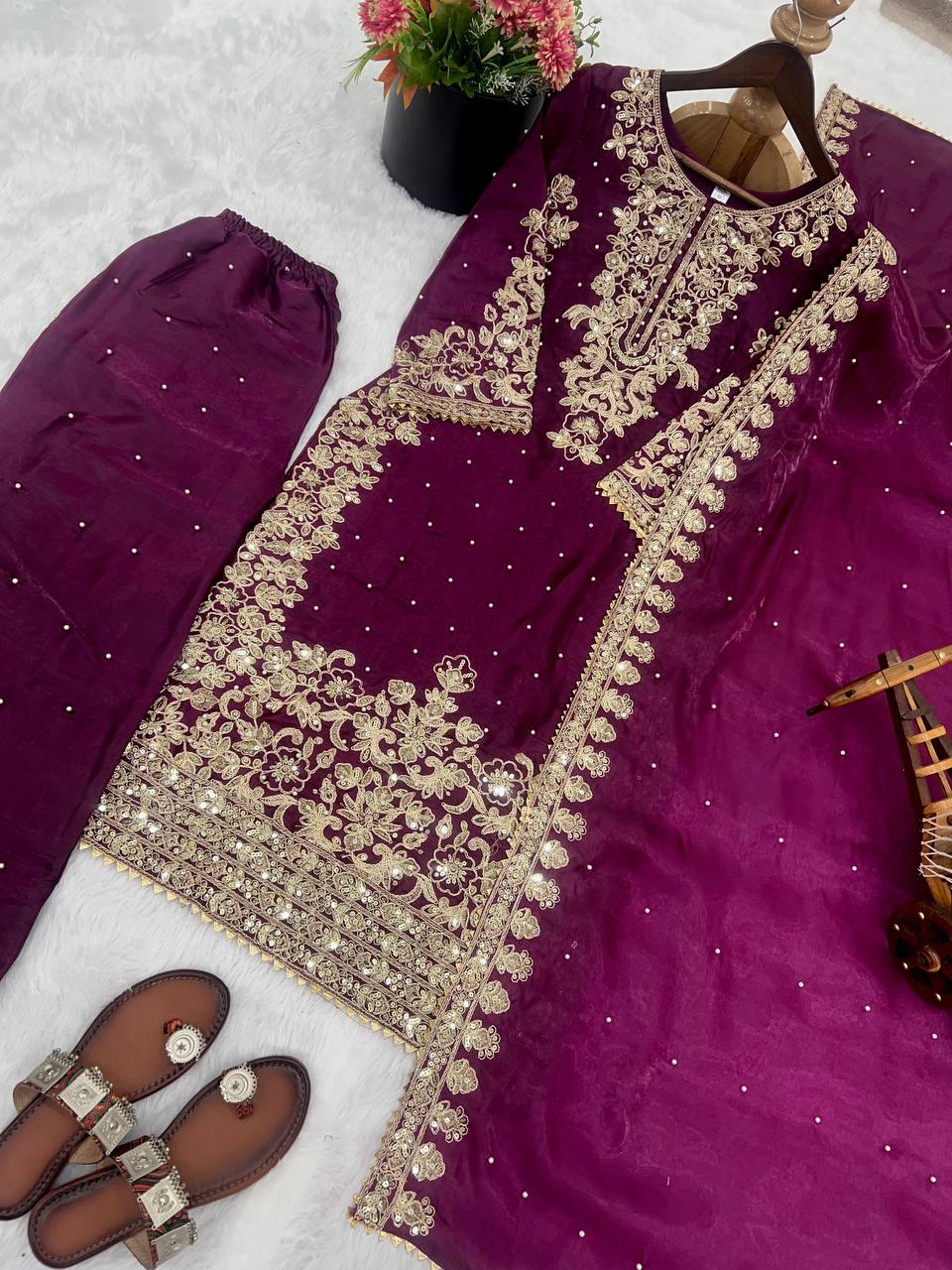 Premium GMY Silk Top, Plazzo & Dupatta – Heavy Coding Sequins & Moti Embroidery