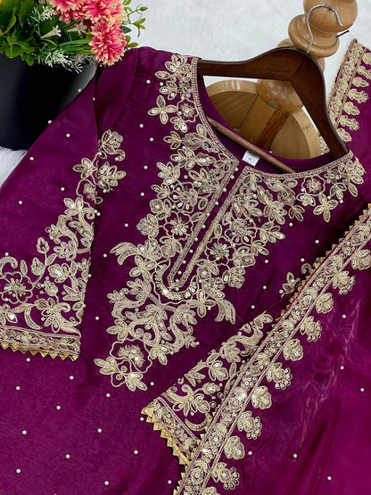 Premium GMY Silk Top, Plazzo & Dupatta – Heavy Coding Sequins & Moti Embroidery
