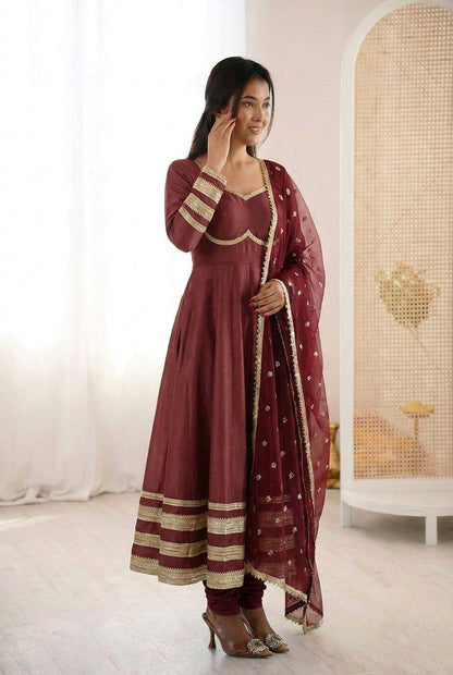 Premium Cosmos Gold Anarkali Gown, Bottom & Dupatta