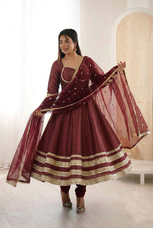 Premium Cosmos Gold Anarkali Gown, Bottom & Dupatta
