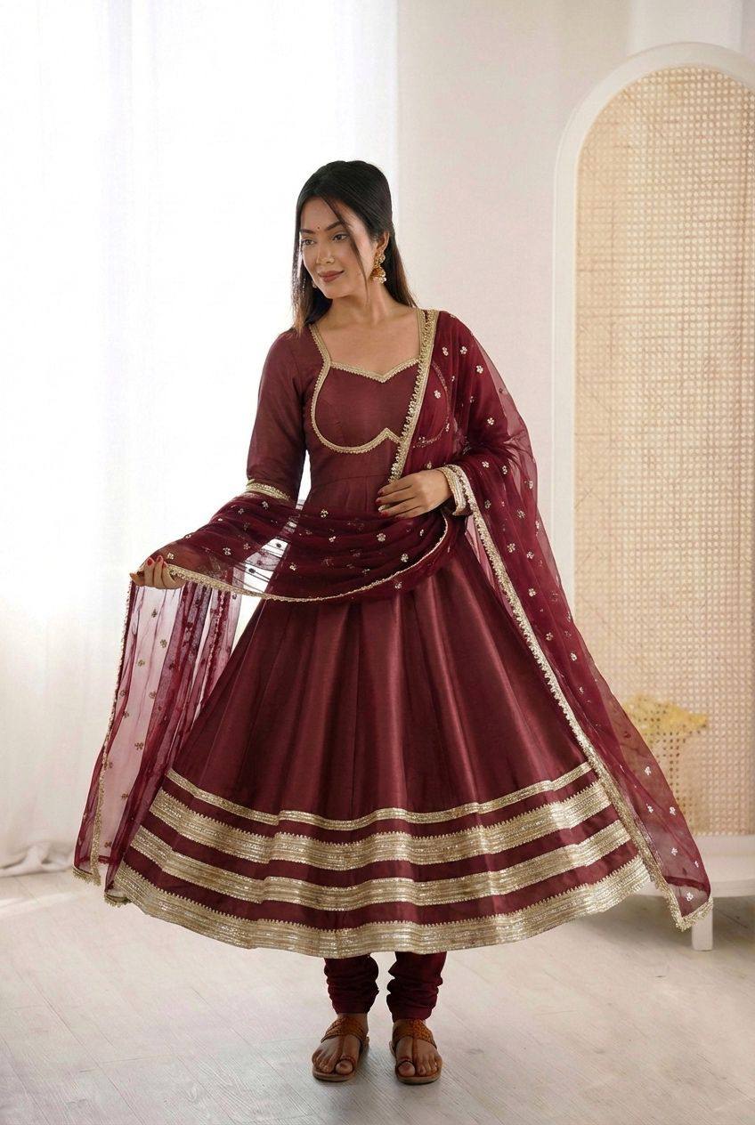 Premium Cosmos Gold Anarkali Gown, Bottom & Dupatta