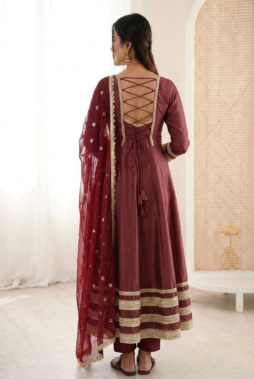 Premium Cosmos Gold Anarkali Gown, Bottom & Dupatta