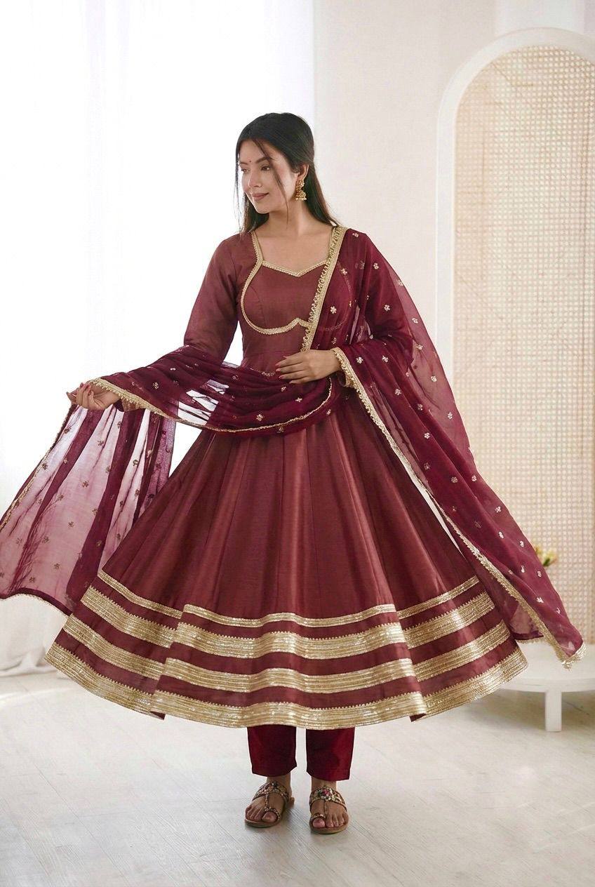 Premium Cosmos Gold Anarkali Gown, Bottom & Dupatta