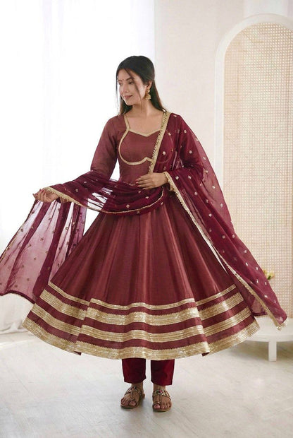 Premium Cosmos Gold Anarkali Gown, Bottom & Dupatta