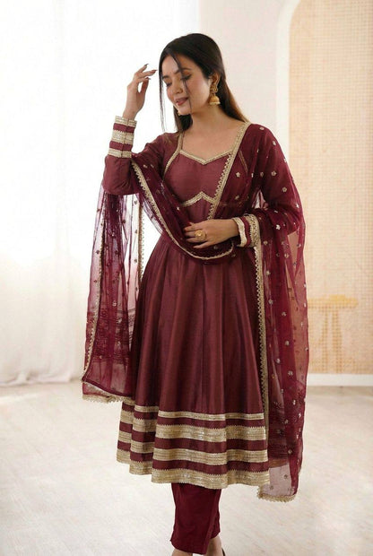 Premium Cosmos Gold Anarkali Gown, Bottom & Dupatta