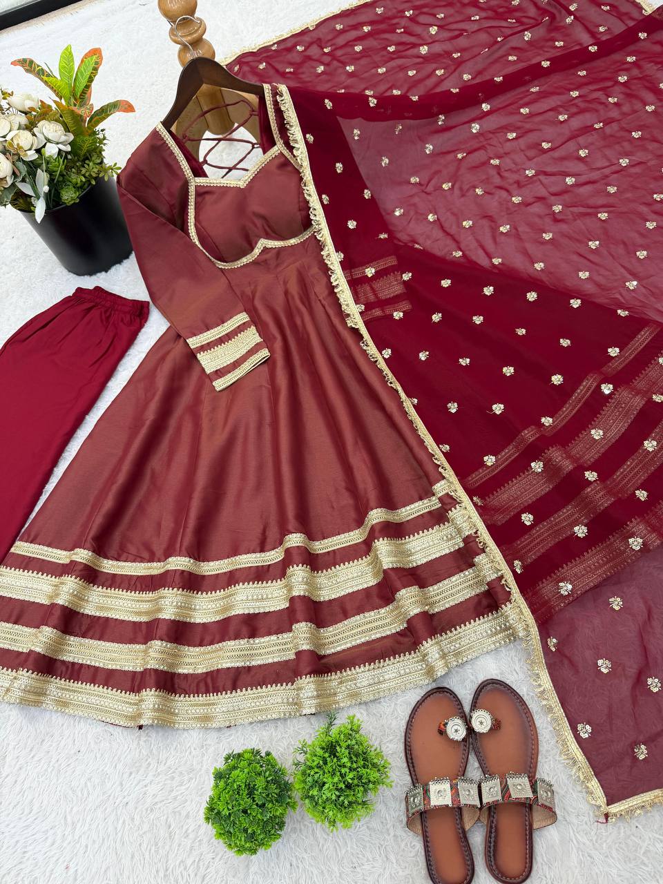 Premium Cosmos Gold Anarkali Gown, Bottom & Dupatta