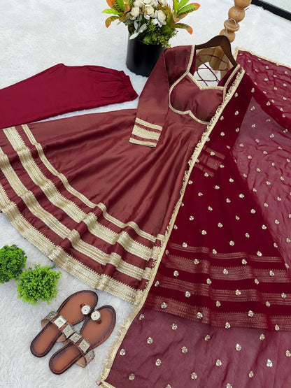 Premium Cosmos Gold Anarkali Gown, Bottom & Dupatta