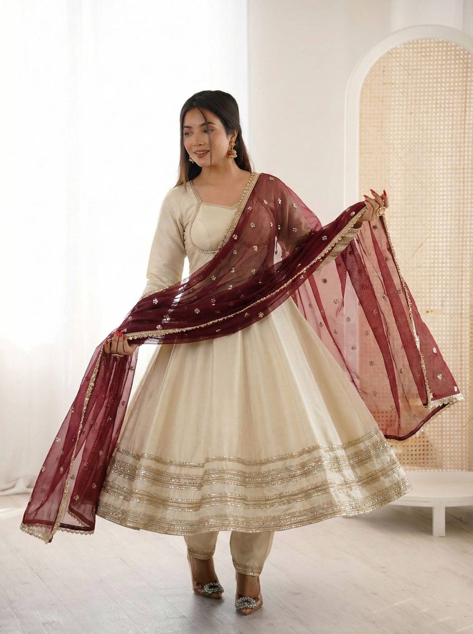 Premium Cosmos Gold Anarkali Gown, Bottom & Dupatta