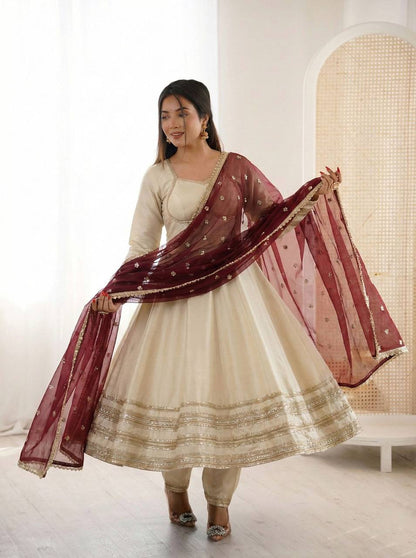 Premium Cosmos Gold Anarkali Gown, Bottom & Dupatta